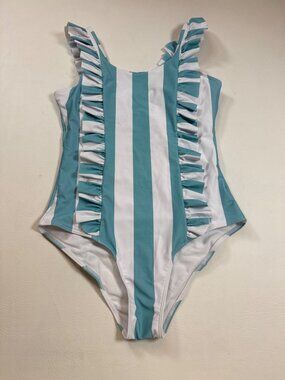 NWOT Dash of Glitter Stripe Ruffle wmn XL One-Piece Swimsuit Teal/White (PP567)